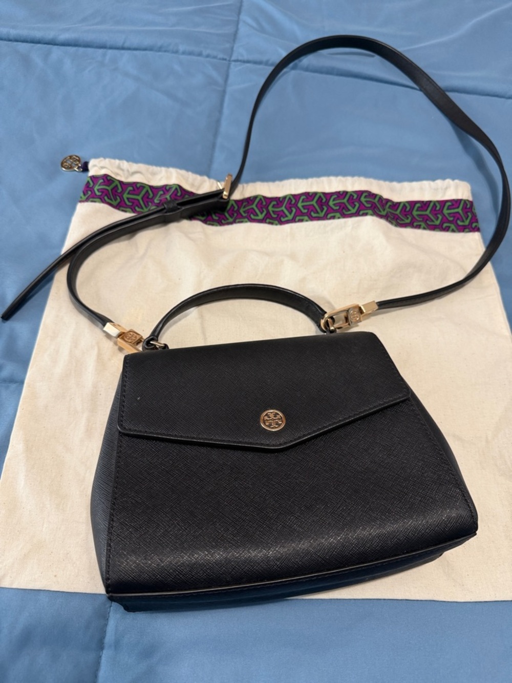 Tory Burch Black Saffiano Top-Handle Satchel with Gold Hardware